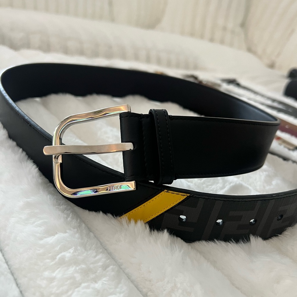 Fendi Black Belt with Yellow Accent and Silver Buckle